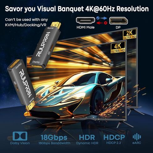 محول HDMI إلى DisplayPort (4K عند 60 هرتز، 2K/1080P عند 120 هرتز) محول عرض HDMI 2.0 نشط أحادي الاتجاه (المصدر) إلى DP (1.2)، محول عرض ذكر إلى أنثى للشاشة، والكمبيوتر المحمول، وAMD، وNVIDIA، وPS5، وXbox، وHDTV، حزمة واحدة in Kuwait