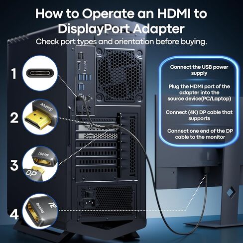 محول HDMI إلى DisplayPort (4K عند 60 هرتز، 2K/1080P عند 120 هرتز) محول عرض HDMI 2.0 نشط أحادي الاتجاه (المصدر) إلى DP (1.2)، محول عرض ذكر إلى أنثى للشاشة، والكمبيوتر المحمول، وAMD، وNVIDIA، وPS5، وXbox، وHDTV، حزمة واحدة in Kuwait