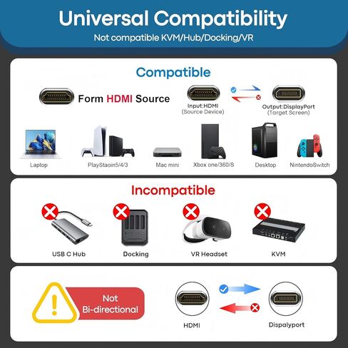 محول HDMI إلى DisplayPort (4K عند 60 هرتز، 2K/1080P عند 120 هرتز) محول عرض HDMI 2.0 نشط أحادي الاتجاه (المصدر) إلى DP (1.2)، محول عرض ذكر إلى أنثى للشاشة، والكمبيوتر المحمول، وAMD، وNVIDIA، وPS5، وXbox، وHDTV، حزمة واحدة in Kuwait