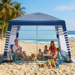 NORTHSKY Beach Cabana 8'×8' مع جدار جانبي، مظلة شاطئ سهلة الإعداد، حماية من أشعة الشمس بعامل حماية من أشعة الشمس 50+ وحامل أكواب، خيمة شاطئ بارتفاع قابل للتعديل للعائلة، خطوط زرقاء وبيضاء in Kuwait