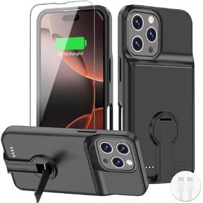 حافظة بطارية BOPPS لهاتف iPhone 16 Pro مع حامل، غطاء شاحن ممتد وقوي ونحيف بقدرة 8500 مللي أمبير في الساعة قابل لإعادة الشحن لهاتف iPhone 16 Pro، أسود in Kuwait