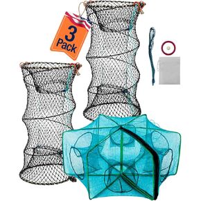 3 Pack Collapsible Hexagon Crab Trap, Cylindrical Crawfish & Bait Trap 12"x21" with 1" Entry Holes, Lobster Shrimp Minnow Net, Portable Foldable Galvanized Steel Traps in Saudi Arabia