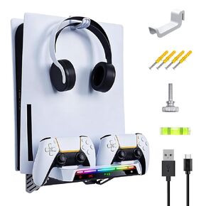 Wall Mount for PS5/PS5 Slim/PS5 Pro Console, Dual Controller Charging Station with Headset Holder, RGB Light Dock, Compatible with Disc & Digital Editions, Space-Saving Gaming Organizer in Saudi Arabia