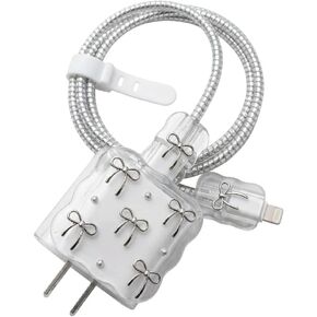 طقم حماية شاحن USB-C مكون من 5 قطع، غطاء رأس شحن بتصميم موجة وقوس فضي مع غطاء كابل حلزوني وربطات منظم للسلك، ملحقات إدارة الكابلات in Kuwait