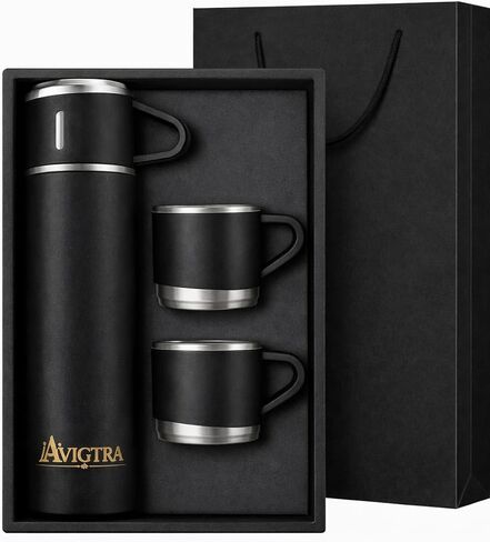 500ml Stainless Steel Vacuum Insulated Water Bottle Gift Set, 1 Bottle with 3 Cups, Double Wall Insulated Bottle for Hot & Cold Drinks Travel, Camping (BLACK) in Saudi Arabia