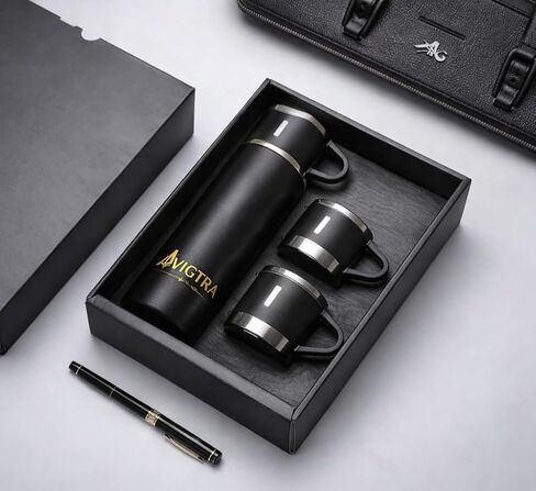500ml Stainless Steel Vacuum Insulated Water Bottle Gift Set, 1 Bottle with 3 Cups, Double Wall Insulated Bottle for Hot & Cold Drinks Travel, Camping (BLACK) in Saudi Arabia