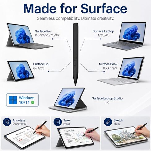 قلم HATOKU Stylus لـ Microsoft Surface: قلم نحيف مع بطارية طويلة 60 ساعة - حساسية ضغط 4096 - شحن سريع 40 دقيقة MPP2.0 قلم نشط لـ Surface Pro 11 10 X Laptop Studio Business تدوين الملاحظات in Kuwait