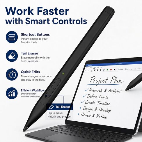 قلم HATOKU Stylus لـ Microsoft Surface: قلم نحيف مع بطارية طويلة 60 ساعة - حساسية ضغط 4096 - شحن سريع 40 دقيقة MPP2.0 قلم نشط لـ Surface Pro 11 10 X Laptop Studio Business تدوين الملاحظات in Kuwait