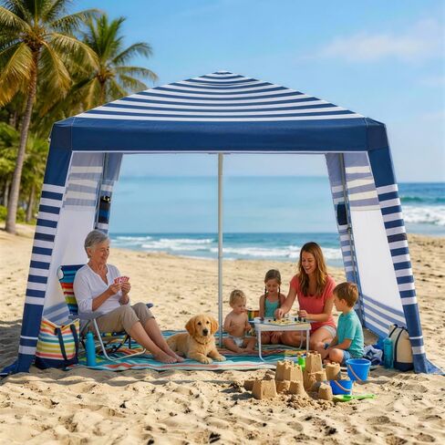 NORTHSKY Beach Cabana 8'×8' مع جدار جانبي، مظلة شاطئ سهلة الإعداد، حماية من أشعة الشمس بعامل حماية من أشعة الشمس 50+ وحامل أكواب، خيمة شاطئ بارتفاع قابل للتعديل للعائلة، خطوط زرقاء وبيضاء in Kuwait