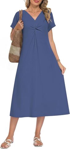 WNEEDU Women’s Summer Midi Dress 2026 Casual Short Sleeve V Neck Twist Front Loose Long T Shirt Dresses Beach Vacation Outfit in Saudi Arabia