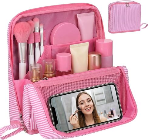 Striped Makeup Bag Large Cosmetic Bags for Women Gift with Brush Loops Mesh Pocket Wrist Strap Travel Organizer Storage Pouch Toiletry Case with Divider for Mirror(Blue) in Saudi Arabia