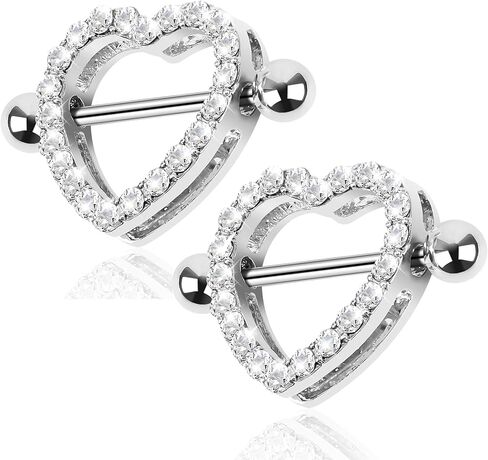 CrazyPiercing 2 قطعة جوهرة شفافة مرصوفة على شكل قلب الحلمة الدائرية 14GA بطول 7/8 بوصة in Kuwait