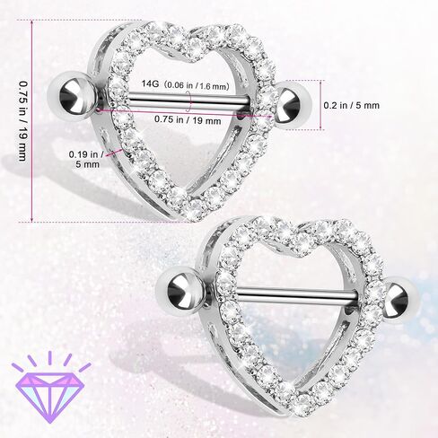 CrazyPiercing 2 قطعة جوهرة شفافة مرصوفة على شكل قلب الحلمة الدائرية 14GA بطول 7/8 بوصة in Kuwait
