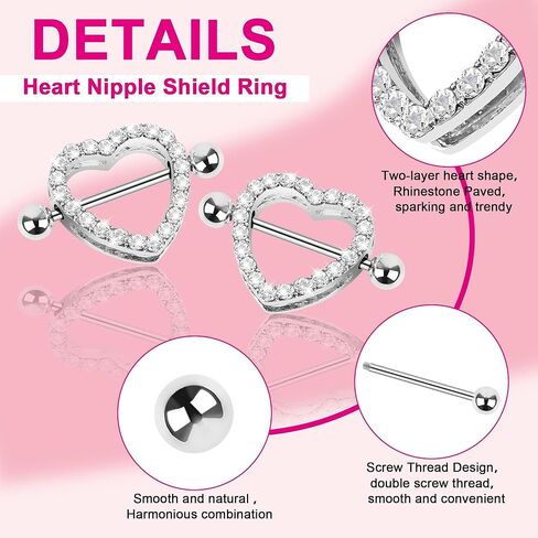 CrazyPiercing 2 قطعة جوهرة شفافة مرصوفة على شكل قلب الحلمة الدائرية 14GA بطول 7/8 بوصة in Kuwait