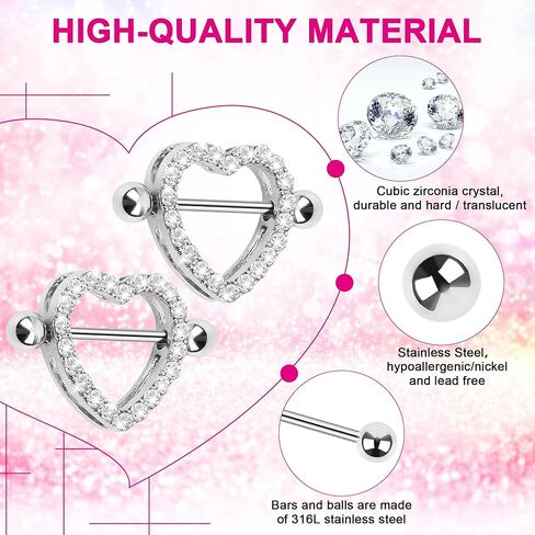 CrazyPiercing 2 قطعة جوهرة شفافة مرصوفة على شكل قلب الحلمة الدائرية 14GA بطول 7/8 بوصة in Kuwait