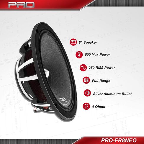 DS18 PRO-FR8NEO Loudspeaker- 8", Full-Range, Silver Aluminum Bullet, 500W Max, 250W RMS, 4 Ohms, Neodymium Magnet - The Most Elegant Neodymium Full Range Loudspeakers Available (Renewed) in Saudi Arabia