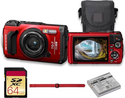 OM System Olympus Tough TG-7 Underwater Digital Camera (Red) 12MP BSI CMOS Sensor, Waterproof, Shockproof, Freezeproof, 4K Video, GPS, Field Sensor System, Compact Camera with Bag and 64GB Card in Saudi Arabia