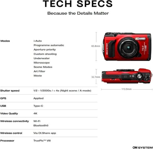 OM System Olympus Tough TG-7 Underwater Digital Camera (Red) 12MP BSI CMOS Sensor, Waterproof, Shockproof, Freezeproof, 4K Video, GPS, Field Sensor System, Compact Camera with Bag and 64GB Card in Saudi Arabia