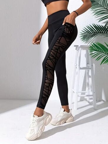 Women's High Waisted Yoga Pants with Mesh Panel & Pockets - Tummy Control Workout Leggings for Gym Running Fitness in Saudi Arabia
