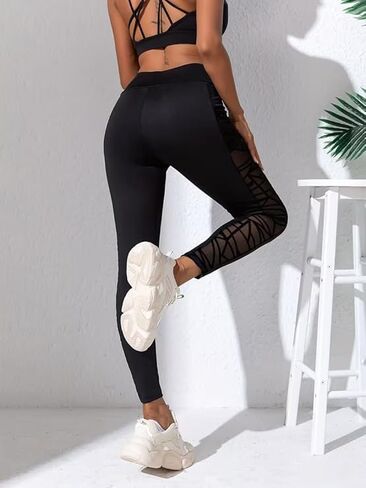 Women's High Waisted Yoga Pants with Mesh Panel & Pockets - Tummy Control Workout Leggings for Gym Running Fitness in Saudi Arabia