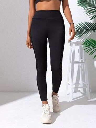Women's High Waisted Yoga Pants with Mesh Panel & Pockets - Tummy Control Workout Leggings for Gym Running Fitness in Saudi Arabia