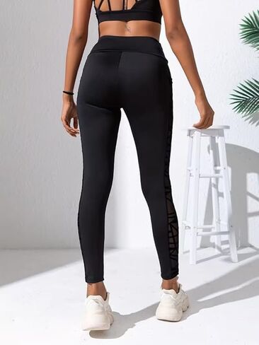 Women's High Waisted Yoga Pants with Mesh Panel & Pockets - Tummy Control Workout Leggings for Gym Running Fitness in Saudi Arabia
