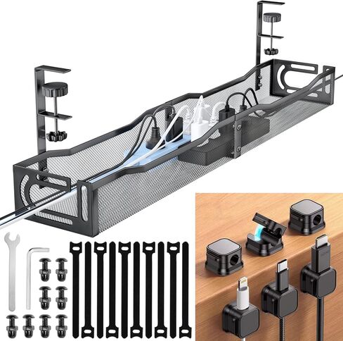 Cable Management Under Desk, 25.3'' No Drill Desk Cable Management Tray with Clamp, Metal Cord Organizer for Standing Desk, Computer Wire Management for Home Office & Gaming Setup, Black in Saudi Arabia