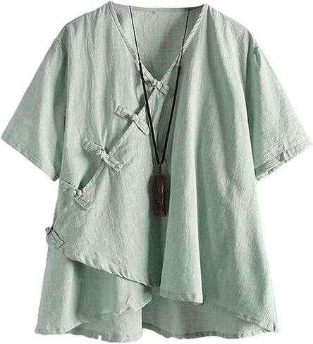 Minibee Women's Linen Retro Chinese Frog Button Tops Blouse in Saudi Arabia