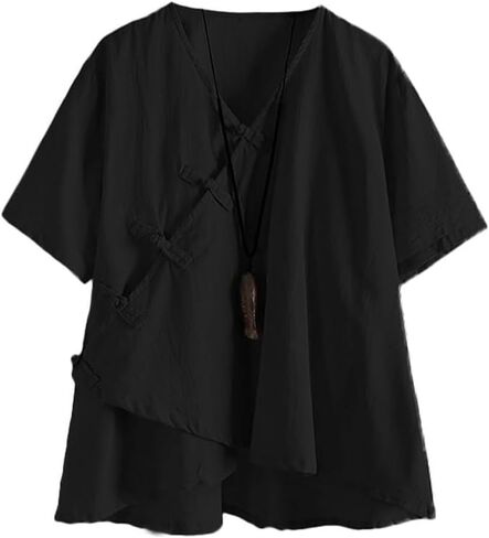 Minibee Women's Linen Retro Chinese Frog Button Tops Blouse in Kuwait