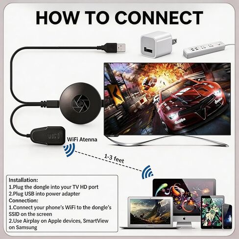 【Plug and Play】 Wireless HDMI Display Adapter Screen Mirroring Dongle Supports AirPlay Miracast DLNA for iPhone Android Windows Mac Stream Video Audio Photos to TV Monitor Projector No App Required in Saudi Arabia