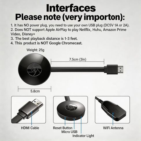 【Plug and Play】 Wireless HDMI Display Adapter Screen Mirroring Dongle Supports AirPlay Miracast DLNA for iPhone Android Windows Mac Stream Video Audio Photos to TV Monitor Projector No App Required in Saudi Arabia