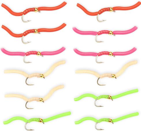 Squirmy Wormy Fly Fishing Nymphs 12-حزمة مربوطة يدويًا بخرز سمك السلمون المرقط الذباب مقاسات 10 12 14 أحمر وردي أخضر تان شائك هوك دودة نمط يطير صندوق in Saudi Arabia