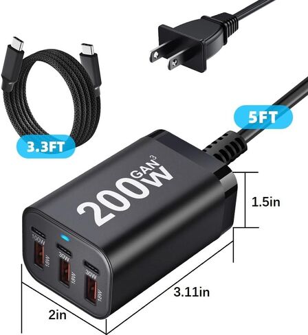 كتلة شحن USB C بقوة 200 وات، 6 منافذ PD 100 وات 65 وات 45 وات شاحن GaN، محور محطة شحن سريع متعدد المنافذ لأجهزة متعددة، ماك بوك، آيباد، آيفون، كمبيوتر محمول HP DELL، هاتف خلوي Galaxy Android in Saudi Arabia