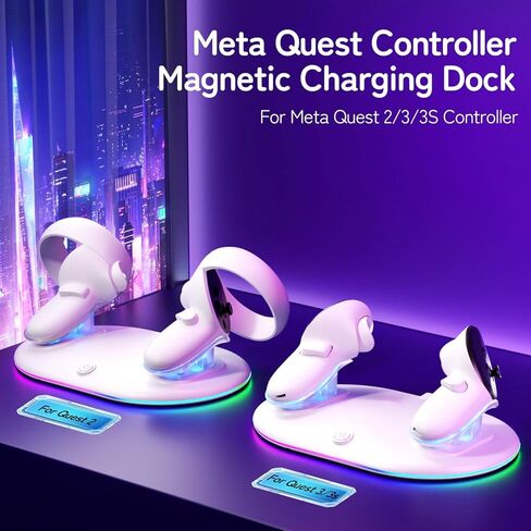 Compact Charging Dock for Meta Quest 3/3s/2 Controllers with RGB Light, VR Accessories Display Stand & Wireless Charging Station for Oculus Controllers with Rechargeable Batteries (2100mAh*2) in Kuwait