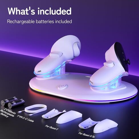 Compact Charging Dock for Meta Quest 3/3s/2 Controllers with RGB Light, VR Accessories Display Stand & Wireless Charging Station for Oculus Controllers with Rechargeable Batteries (2100mAh*2) in Kuwait