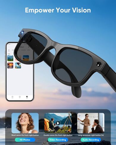 CJkao Smart Glasses with Camera, HD Camera Glasses, Video Recording, Voice Assistant Control Bluetooth Music ai Glasses for Teenager Men Women (G2-Black) in Saudi Arabia