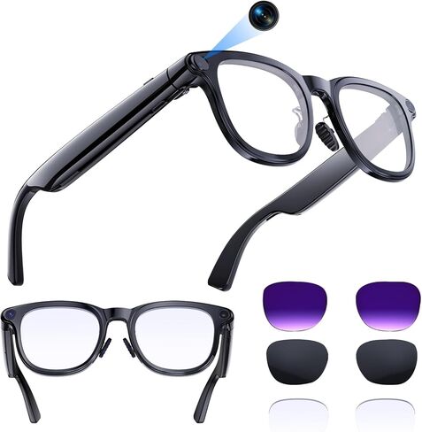 AI Smart Glasses with 4K Camera, 8MPW Anti-Shake Bluetooth Camera Glasses for Women Men, 1080P Video Recording Dual Mic Noise Reduction, Real Time Translation, Voice Assistant for Travel (3 lenses) in Saudi Arabia