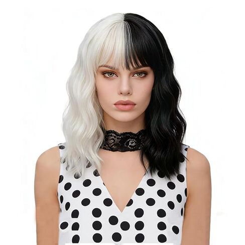 شعر مستعار FVCENT قصير مجعد بطول الكتف للنساء من أجل أزياء Cruella للنساء لحفلات الهالوين (أسود وأبيض بدون ملحقات) in Kuwait