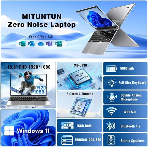 2026 New Laptop Computer, 15.6 Inch Window 11 Pro Lap Top PC 16GB RAM 256GB SSD, Core M3(Beat N4000), 2-Year Warranty, Office 365, FHD 1920 * 1080, 180°Open, UHD Graphics, Full-Size Keyboard in Kuwait