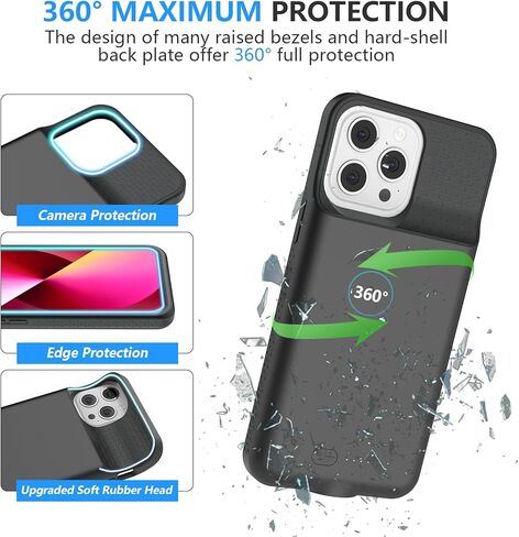 حافظة بطارية BOPPS لهاتف iPhone 13 Pro Max/14 Pro Max/14 Plus[جديد 2026] حافظة شاحن محمولة نحيفة بقدرة 8000 مللي أمبير في الساعة حماية 360 درجة قابلة لإعادة الشحن لهاتف iPhone 13 Pro Max، 14 Pro Max أسود in Kuwait