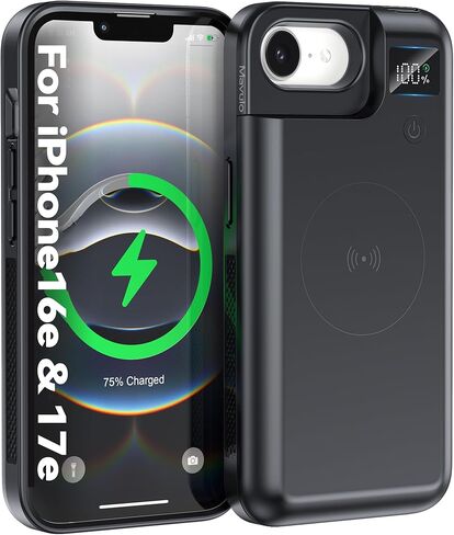 حافظة بطارية Mavulo لهاتف iPhone 16e/17e، بنك طاقة محمول 8000 مللي أمبير في الساعة USB-C شحن سريع، شاحن سريع، حافظة شاحن واقية قابلة لإعادة الشحن لهاتف iPhone 16e وiPhone 17e 6.1 بوصة، أسود in Kuwait