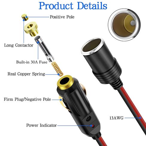 XMSJSIY Cigarette Lighter Extension Cord 14AWG 12V-24V Car Cigarette Lighter Male to Female Socket with ON/Off Switch Heavy Duty Extension Lead Power Cable for RV Truck Tire Inflators - 3M / 9.84FT in Saudi Arabia