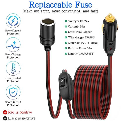 XMSJSIY Cigarette Lighter Extension Cord 14AWG 12V-24V Car Cigarette Lighter Male to Female Socket with ON/Off Switch Heavy Duty Extension Lead Power Cable for RV Truck Tire Inflators - 3M / 9.84FT in Saudi Arabia
