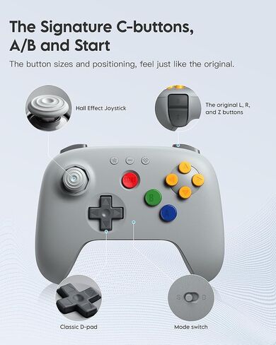 8Bitdo 64 Bluetooth Controller for Analogue 3D, Switch, Switch 2, Windows, Android – Hall Effect Joystick, Vibration, Turbo Function – Gray in Saudi Arabia
