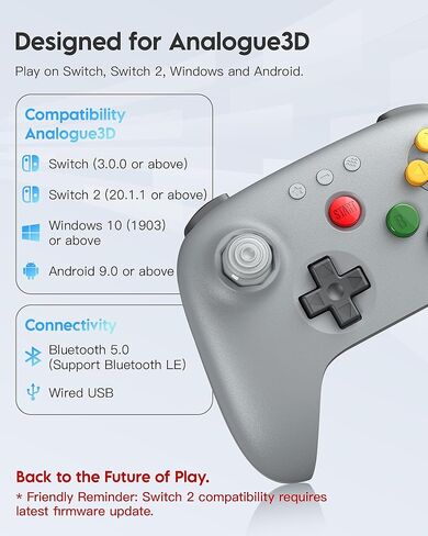 8Bitdo 64 Bluetooth Controller for Analogue 3D, Switch, Switch 2, Windows, Android – Hall Effect Joystick, Vibration, Turbo Function – Gray in Saudi Arabia