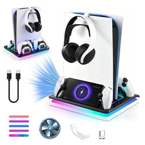 محطة تبريد وحامل وحدة تحكم لجهاز Ps5/Ps5 Slim /Pro، قاعدة شحن وحدة تحكم مزدوجة مع RGB لجهاز Playstation 5، مع شاحن بوابة PS وسماعة رأس ومنافذ شحن حامل (أبيض) in Kuwait