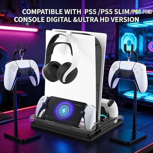 Cooling Station And Console Stand for Ps5/Ps5 Slim /Pro,Dual Controller Charging Dock with Rgb for Playstation 5,with PS Portal Charger,Headset & Holder Charging Ports (White) in Saudi Arabia