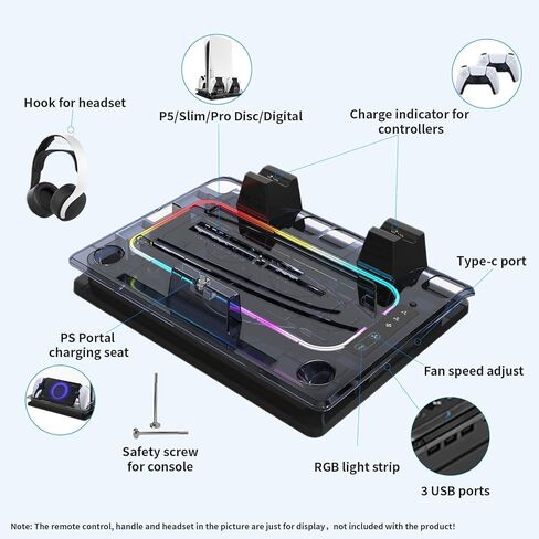 Cooling Station And Console Stand for Ps5/Ps5 Slim /Pro,Dual Controller Charging Dock with Rgb for Playstation 5,with PS Portal Charger,Headset & Holder Charging Ports (White) in Saudi Arabia