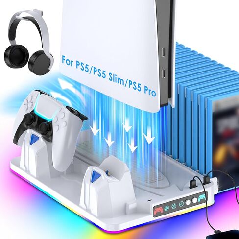 حامل PS5/Slim/Pro ومحطة تبريد مع محطة شحن وحدة تحكم مزدوجة لأقراص وحدة التحكم PlayStation 5 والرقمية، وشاحن وحدة تحكم PS5 ومروحة تبريد مع وحدة تخزين للألعاب، وحامل سماعة الرأس in Kuwait