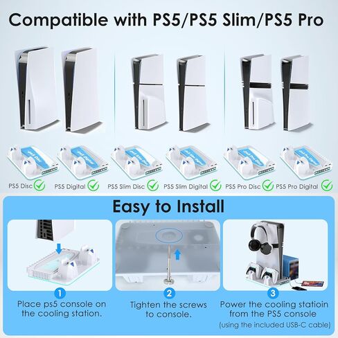 حامل PS5/Slim/Pro ومحطة تبريد مع محطة شحن وحدة تحكم مزدوجة لأقراص وحدة التحكم PlayStation 5 والرقمية، وشاحن وحدة تحكم PS5 ومروحة تبريد مع وحدة تخزين للألعاب، وحامل سماعة الرأس in Kuwait